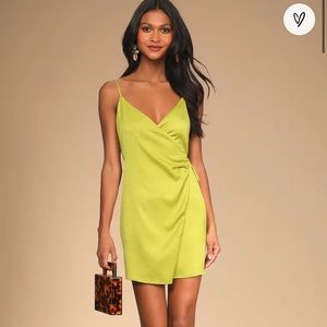 Lulu’s Vivid Vibes Lime Green Satin Ruched Wrap Mini Dress